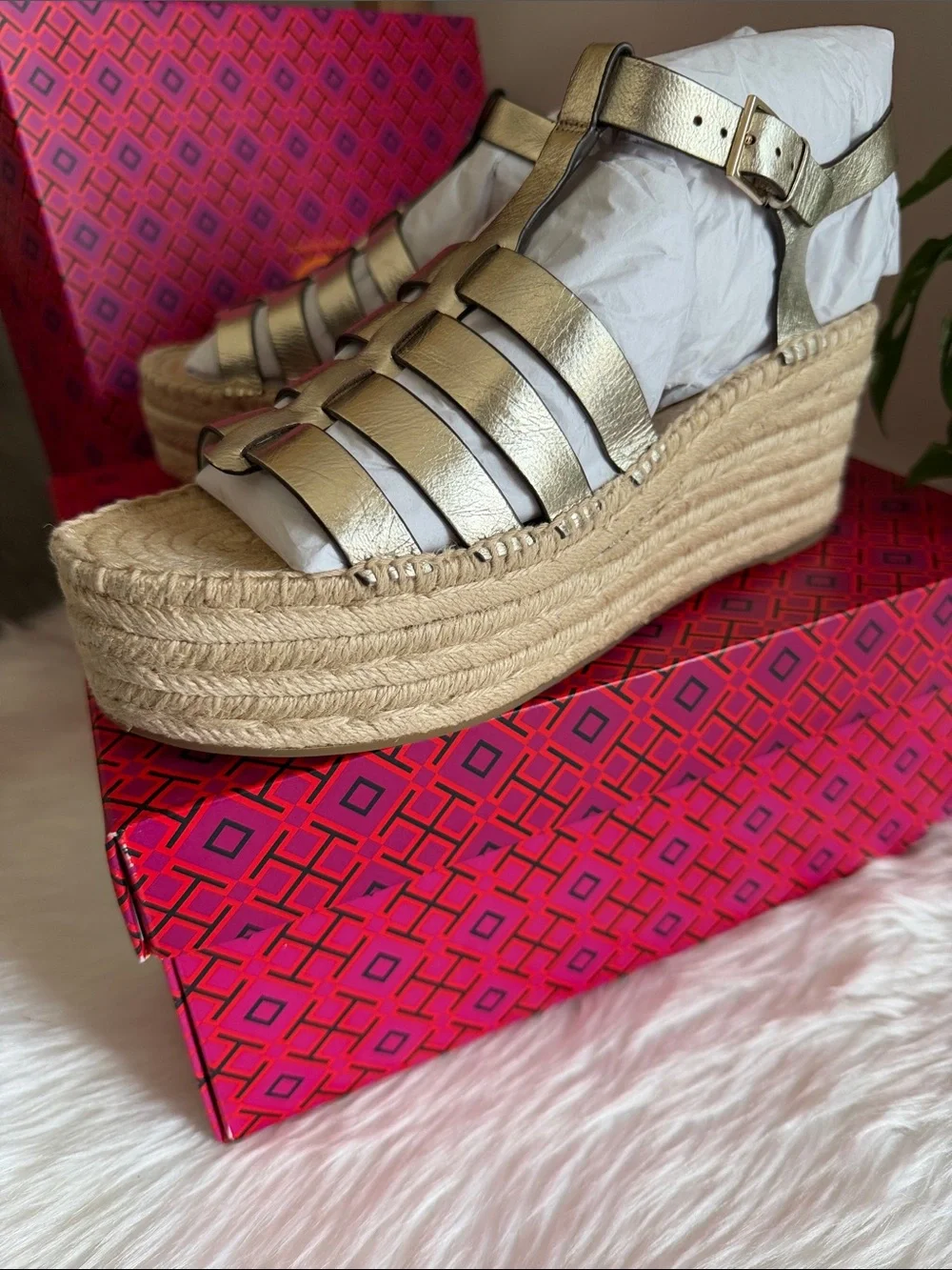Tory Burch Metallic Gold Leather Espadrille Wedge Sandals